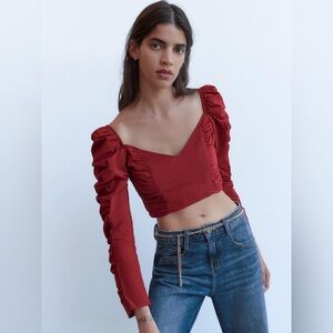 Zara Red Puff Sleve Crop Top
